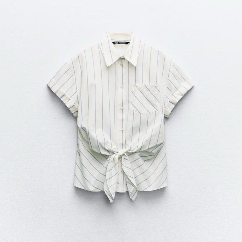 Zara Cream Button-Up Tie-Front Blouse with Blue Pinstripes